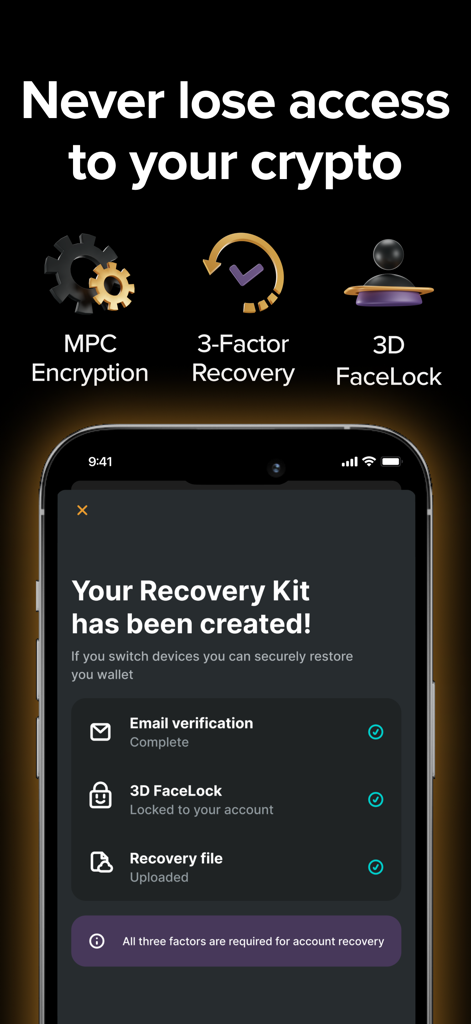 Interface de l'application mobile Zengo montrant la configuration du kit de récupération sécurisé avec 3D FaceLock et chiffrement MPC