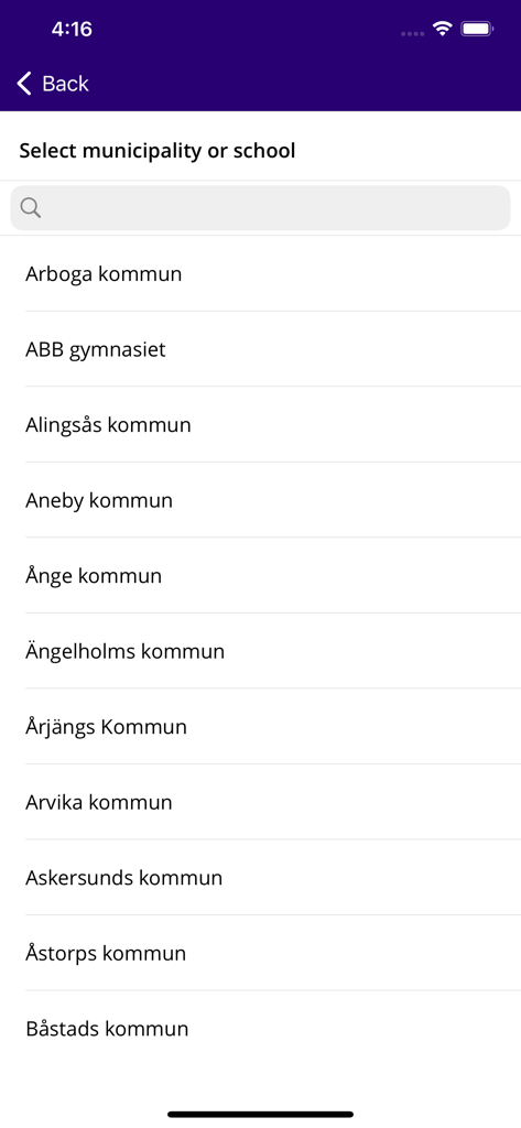 Edlevo - Edlevo app screen showing a search bar and list of Swedish municipalities for school selection
