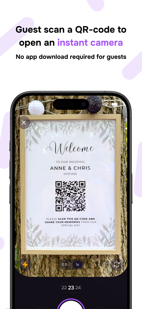 Scanning a QR code at a wedding to open the Lense digital disposable camera