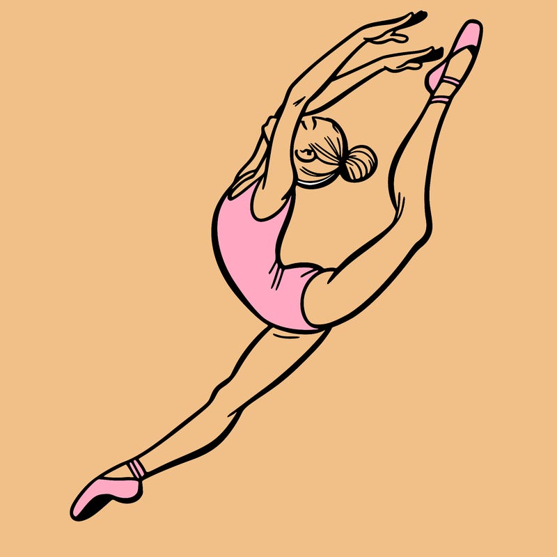 gymnast doing a leap in a leotard with a bent back leg