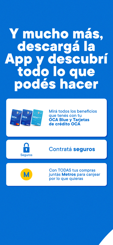 OCA mobile app screen showcasing credit card benefits insurance services and loyalty reward points