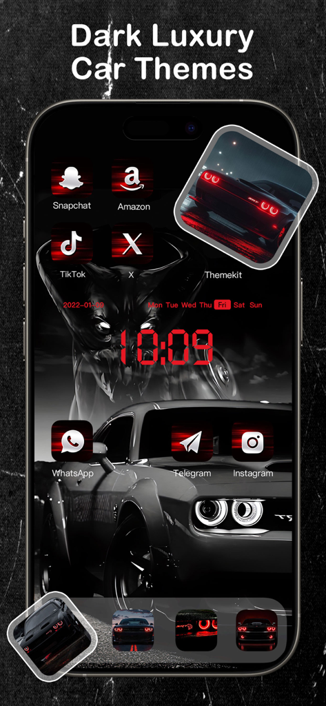 Themelia: Theme & Widget - iPhone home screen featuring a dark luxury car theme with matching red and black app icons and car wallpapers