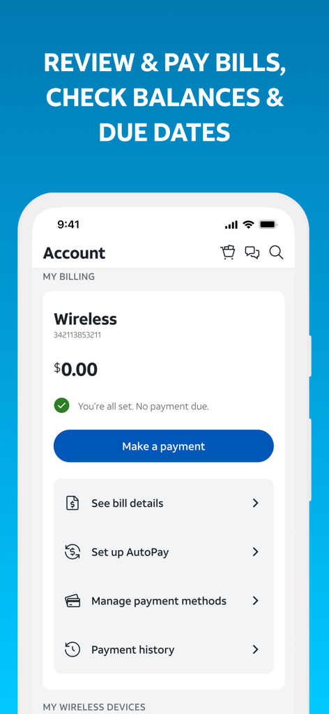 myAT&T app interface for reviewing and paying wireless bills.