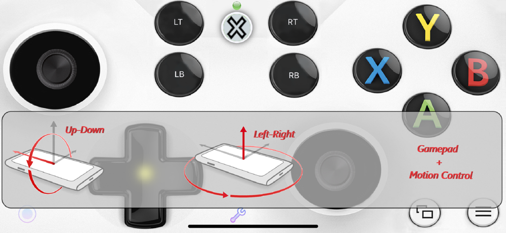 VGamepad Lite app interface showing virtual controller buttons and motion control instructions for smartphone sensors