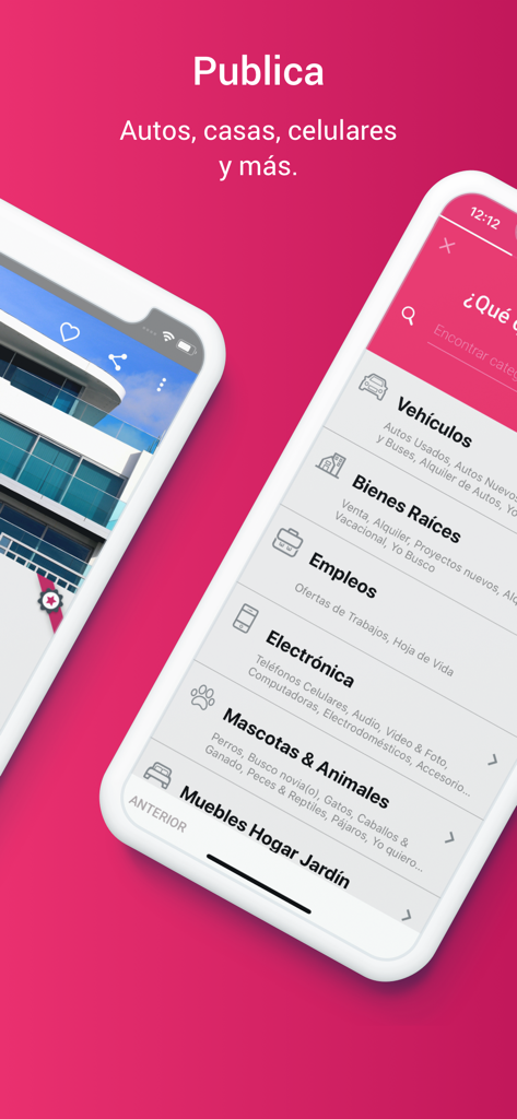 Encuentra24.com - Encuentra24 앱 인터페이스, 광고 게시를 위한 부동산 및 차량과 같은 카테고리 표시