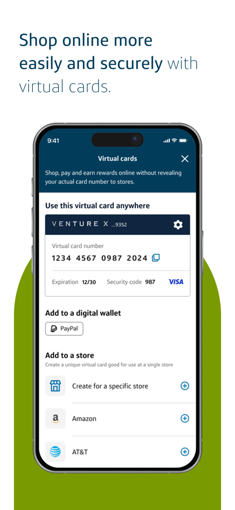 Smartphone screen showing the Capital One Mobile virtual card interface for secure online shopping and digital wallet integration