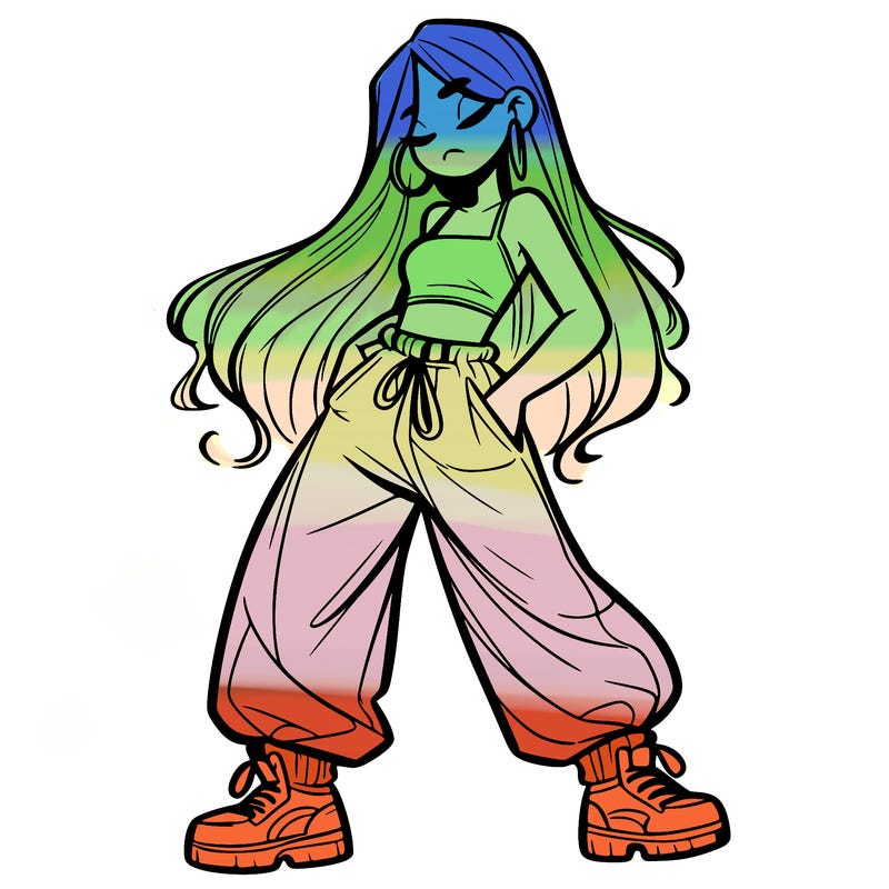 girl in baggy pants crop top and long hair