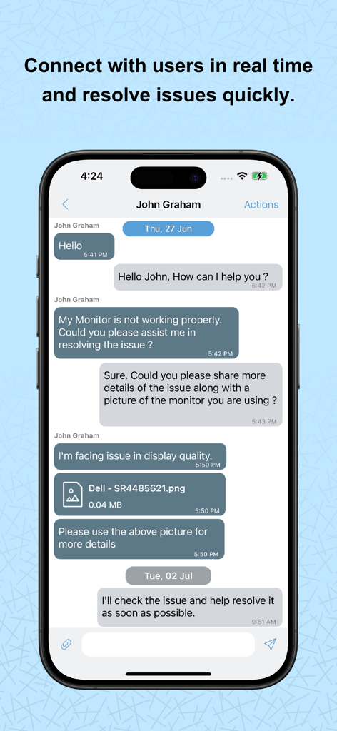 Mobile app interface showing a real-time chat between an IT technician and a user to resolve a hardware issue