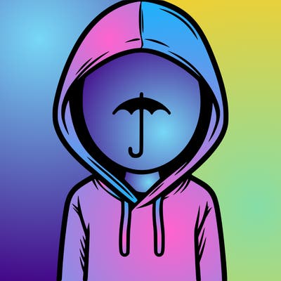 a person with non face waering a hoodie with a small umbrella symbol