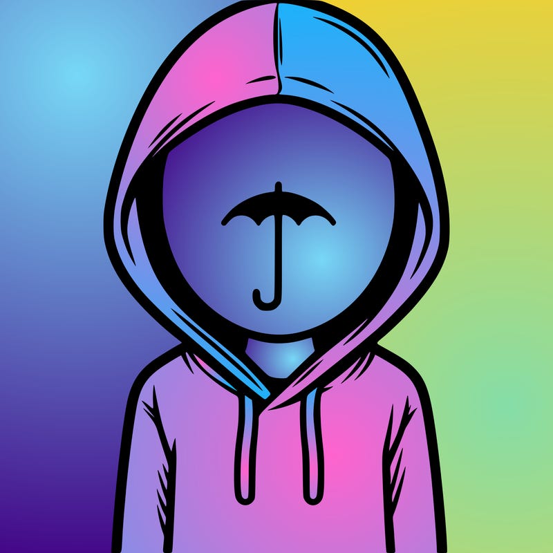 a person with non face waering a hoodie with a small umbrella symbol