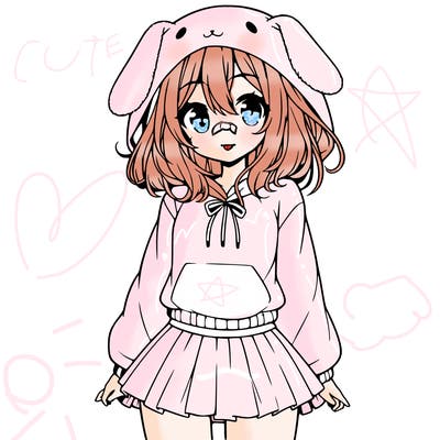 pretty anime girl wearing a fluffy hoodie with bunny ears on the hood and a skirt