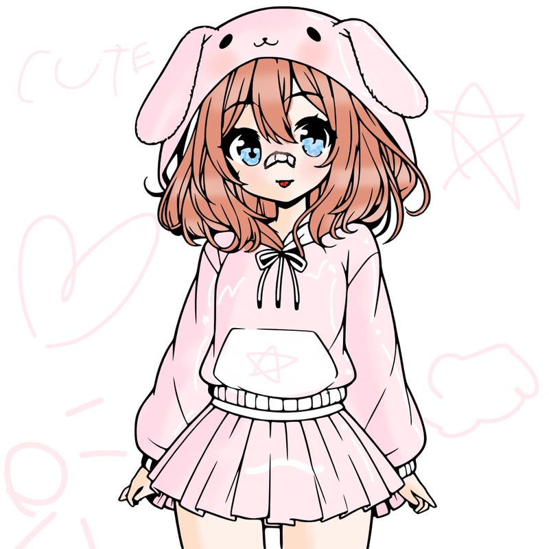 pretty anime girl wearing a fluffy hoodie with bunny ears on the hood and a skirt
