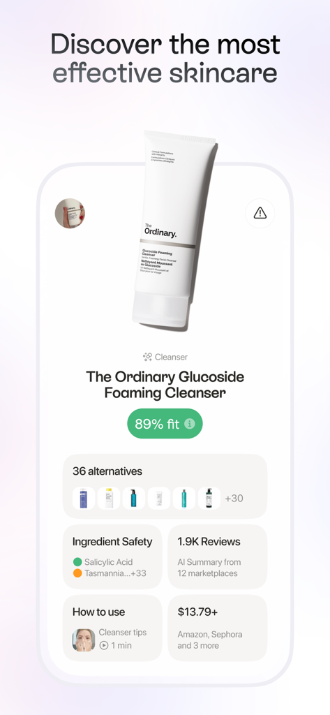 Lovi App-Analyse zeigt einen 89-prozentigen Eignungs-Score für den Reiniger von The Ordinary mit Angaben zur Inhaltsstoff-Sicherheit und zum Preis