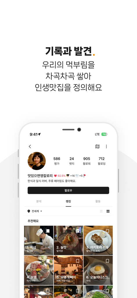 음식 사진과 함께 상위 순위 레스토랑의 개인화된 목록을 보여주는 Nyam 앱의 사용자 프로필 화면