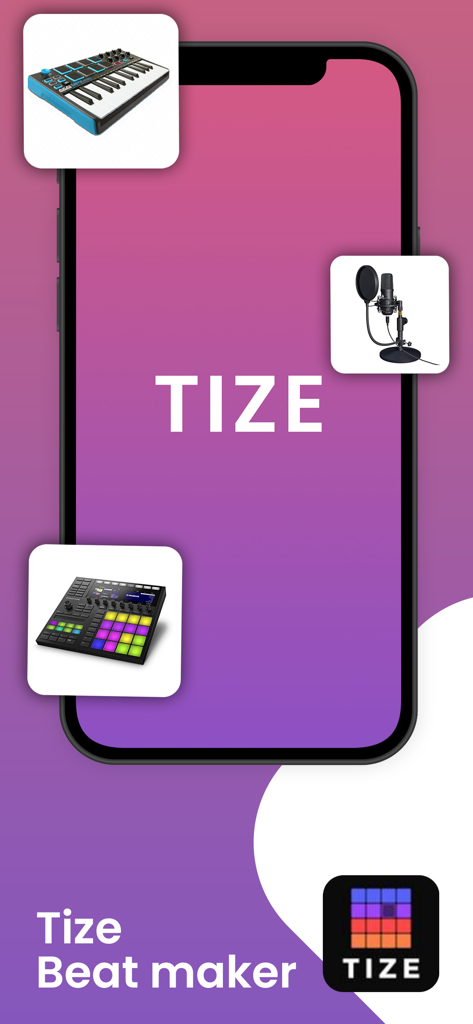 Tize: Music & Beat Maker - Tize music and beat maker app interface with studio equipment icons like a microphone and keyboard