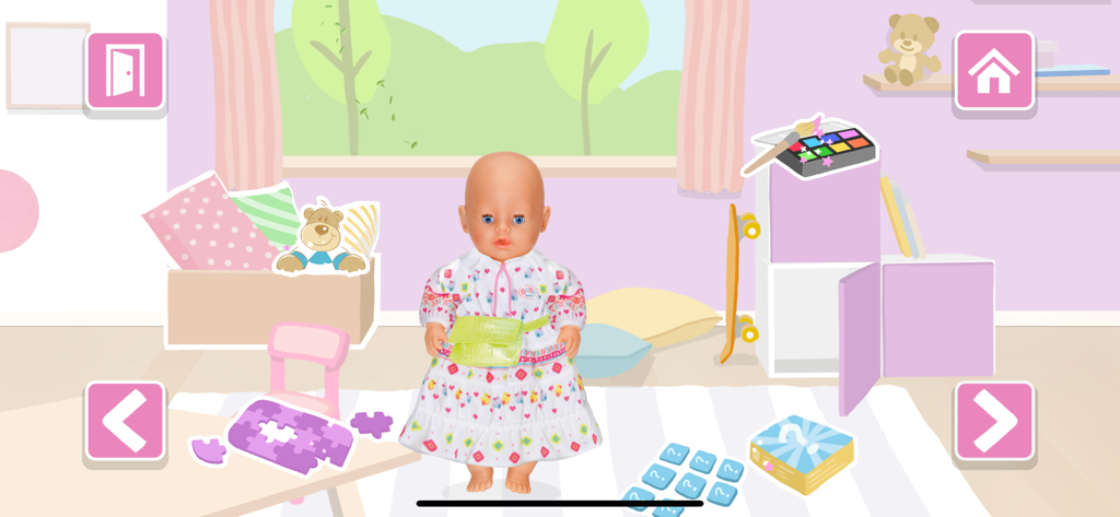 BABY born® - A digital BABY born doll wearing a dress and fanny pack in a colorful virtual playroom with toys