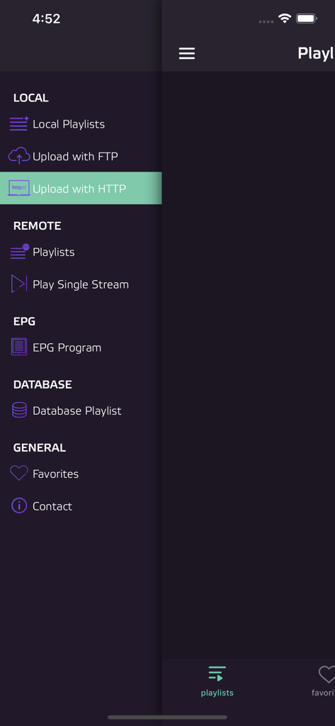 Mobdro Live TV IPTV HD Player - Navigation menu of the Mobdro IPTV player showing local and remote playlist upload options