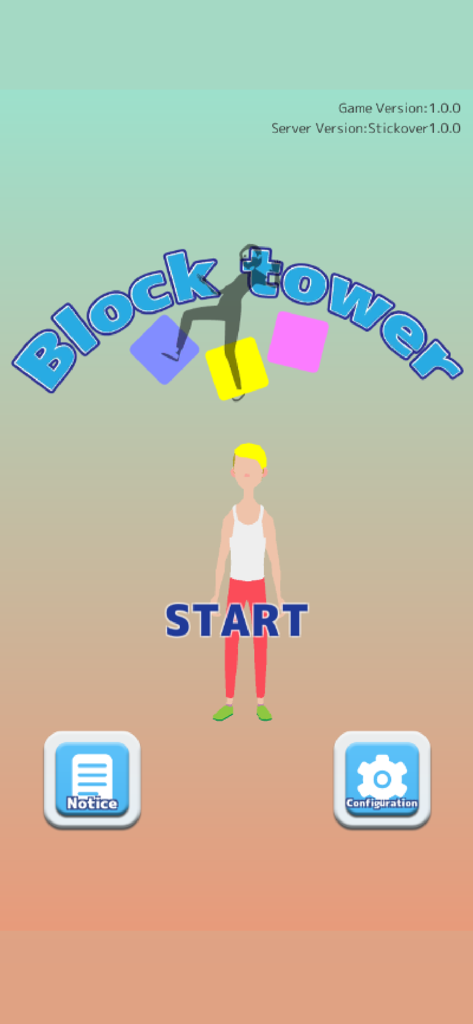 Block Tower Online - Écran principal de l'application Block Tower Online montrant un personnage et le bouton de démarrage