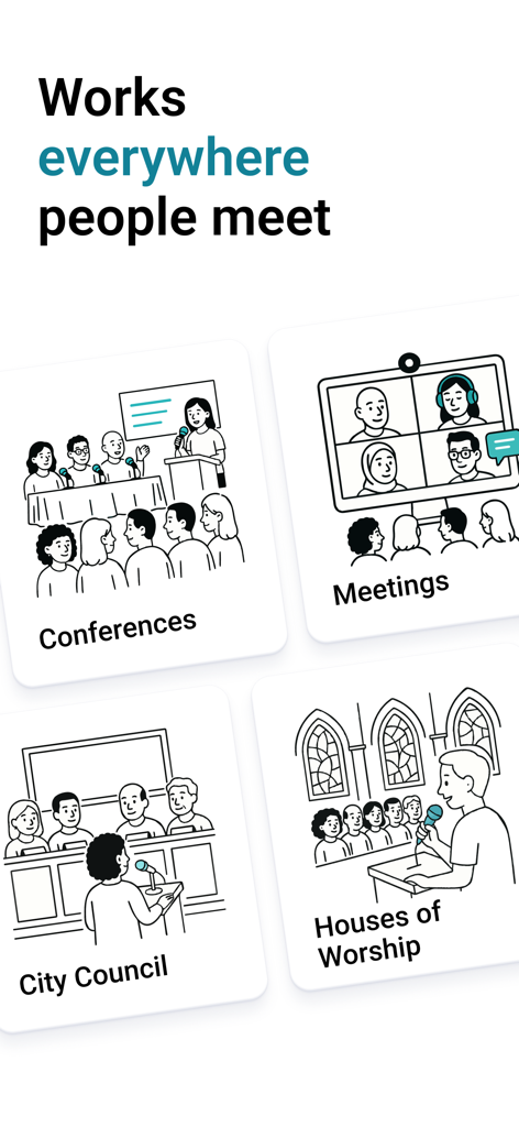 Wordly Translation - Pantalla de la aplicación Wordly que ilustra casos de uso de traducción para conferencias, reuniones en línea, ayuntamientos y lugares de culto.