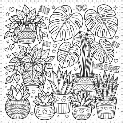 Embrace the spirit of Pride Month with this heartwarming coloring page featuring a lush collection of foliage houseplants. Discover intricate designs on pots and subtle symbols of love and diversity waiting for your creative touch.