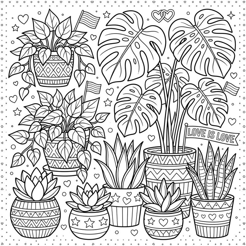 Embrace the spirit of Pride Month with this heartwarming coloring page featuring a lush collection of foliage houseplants. Discover intricate designs on pots and subtle symbols of love and diversity waiting for your creative touch.