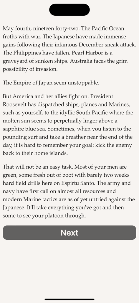 Marine Raider - Introductory text for the Marine Raider WWII interactive fiction game setting the scene in the Pacific in 1942