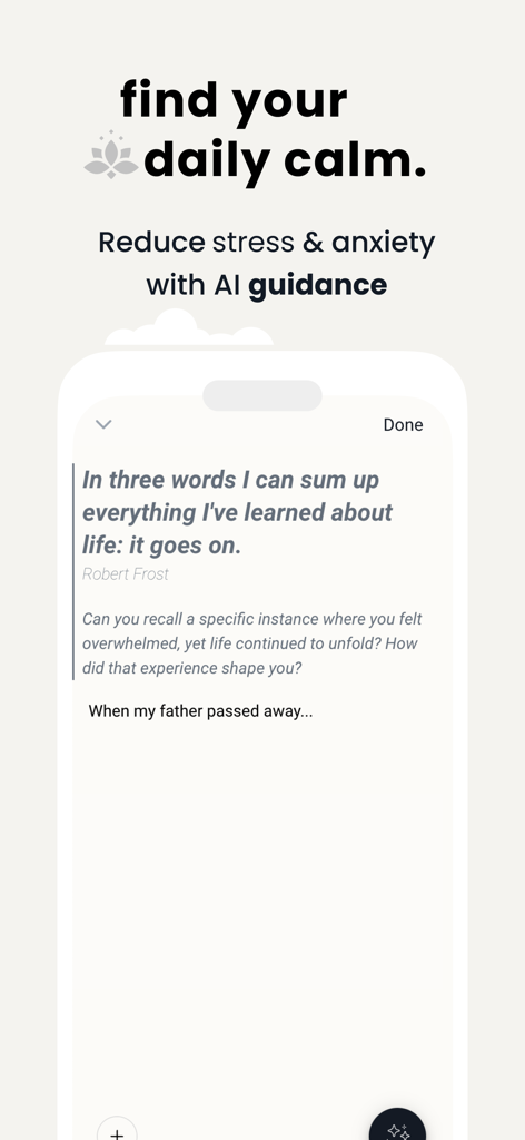 Una captura de pantalla de la aplicación Wise Journal que muestra una indicación de escritura impulsada por IA para reducir el estrés.
