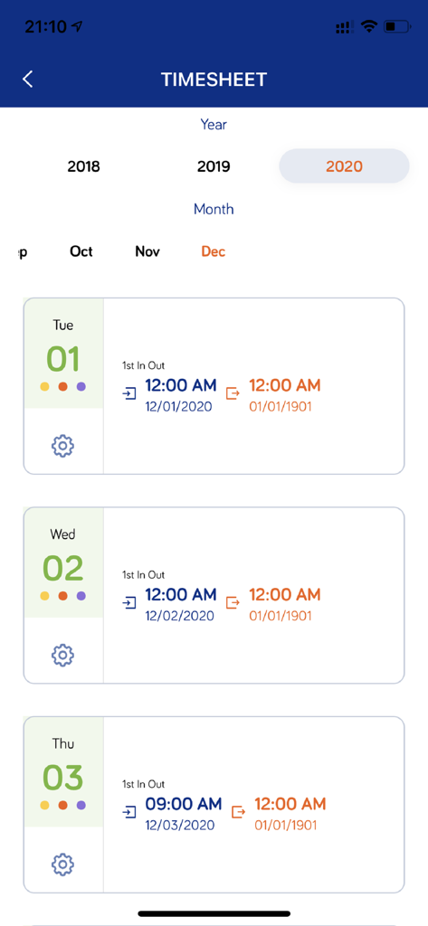 Employee timesheet view in MiHCM app showing daily work logs and timestamps