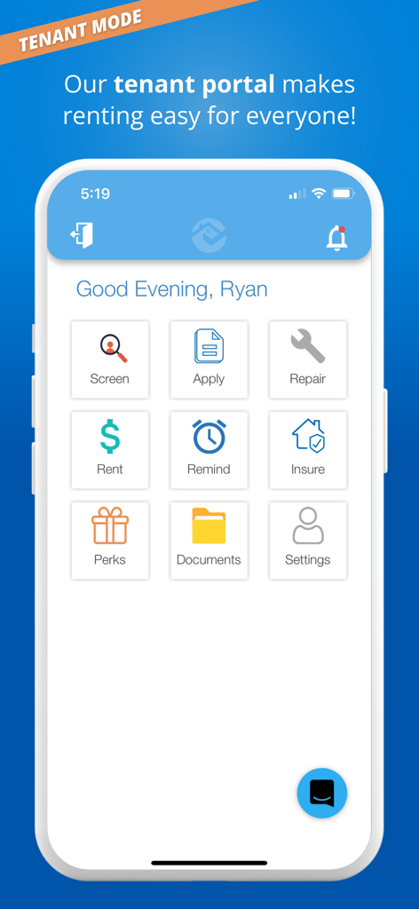 RentRedi for Tenants & Owners - RentRedi app tenant mode interface displaying dashboard icons for rent maintenance and documents