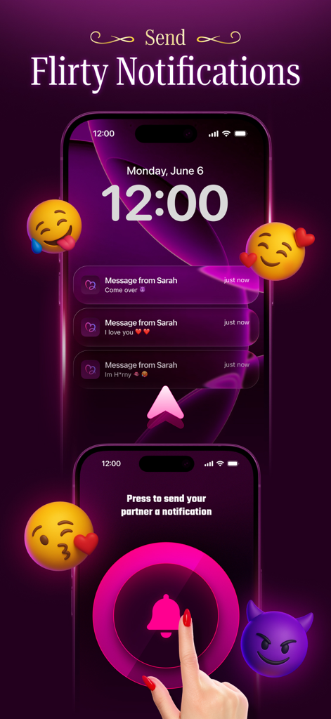 Eine Funktion innerhalb der Scratch Adventure App, die zeigt, wie Benutzer ihrem Partner flirtende Benachrichtigungen und Nachrichten senden können.