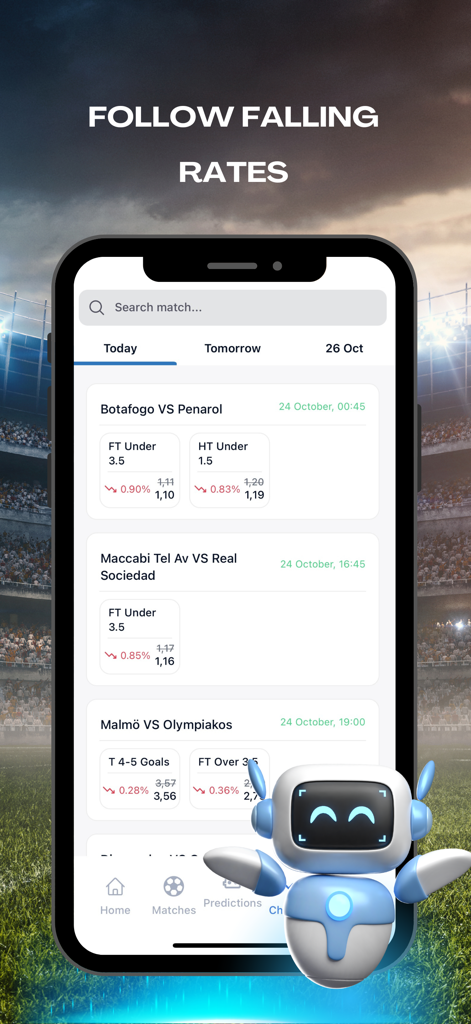 TipsPro AI App-Bildschirm, der fallende Wettquoten und Spielvorhersagen anzeigt