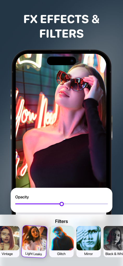 Una pantalla móvil que muestra un editor de video con una mujer bajo luces de neón y varias opciones de filtros artísticos.
