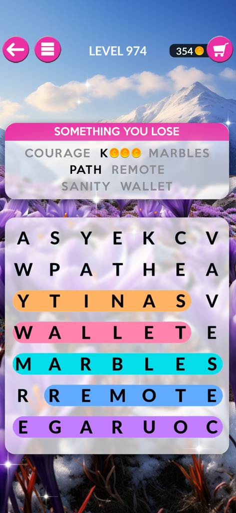 Gameplay-Bildschirm von Wordscapes Search, der ein Wortfindungsrätsel mit einem entspannenden Berg- und Blumenhintergrund zeigt.
