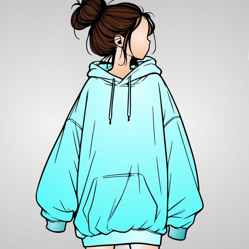 realistic girl with a oversized sweatshirt on and a bun
