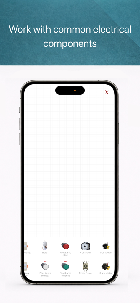 Mobile screen showing a library of common electrical components like motors and lamps for circuit simulation.