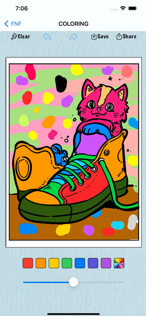 Coloring Book for Horror Anime - Interfaz de una aplicación de libro para colorear que presenta una ilustración coloreada de un gato con zapatillas.