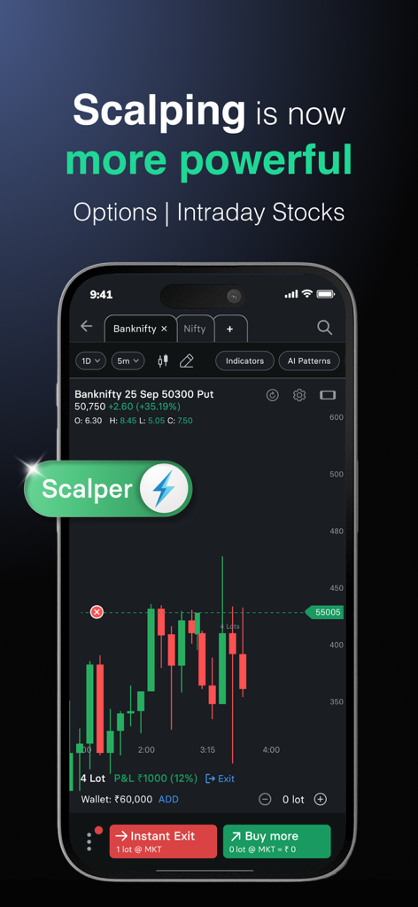 Flash Trading App by INDstocks - Interfaz de la aplicación Flash Trading que muestra un gráfico de velas para scalping con botones instantáneos de salida y compra.