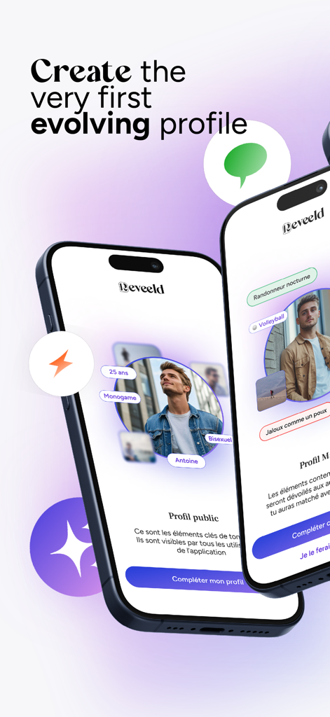 Reveeld - Dating LGBTQ+ - Dos iPhones mostrando la función de perfil en evolución de la aplicación de citas LGBTQ+ Reveeld