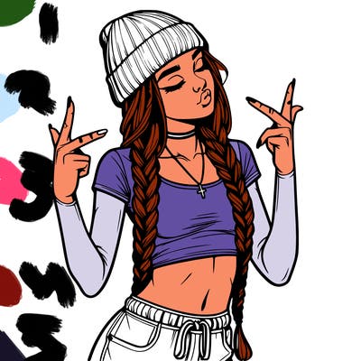 realistic teenage girl with braids and a beanie and crop top doing 🫶🏼