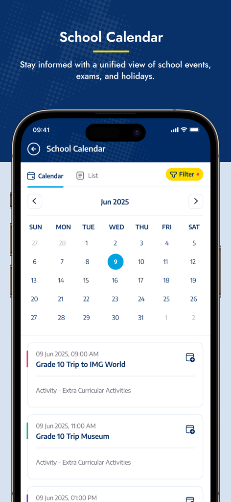 A mobile app interface showing a school calendar with upcoming events and trips for students.