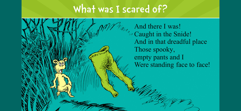 Dr. Seuss character looking scared at a pair of pale green pants in the woods.