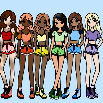 a group of girls wearing crop tops and shorts