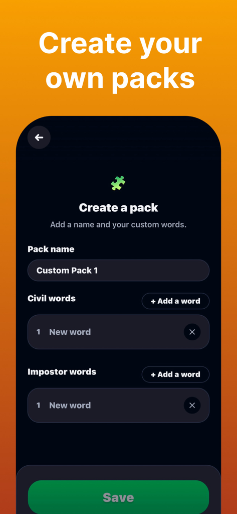 Interfaz para crear paquetes de palabras personalizados en el juego de deducción social Imposter Up, mostrando opciones para añadir palabras de civil e impostor.
