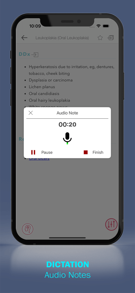 Pantalla de smartphone que muestra la herramienta de dictado de notas de audio dentro de la aplicación médica MobileDDx.