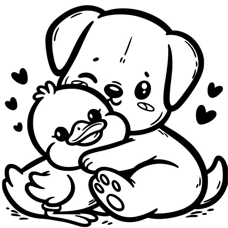 cute dog hugging a cute duckling