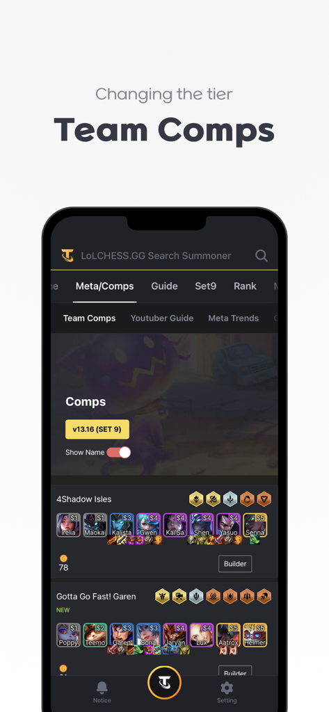 TFT Stats - LoLCHESS.GG - Screenshot of the Team Comps section in the LoLCHESS mobile app displaying meta team builds for Teamfight Tactics