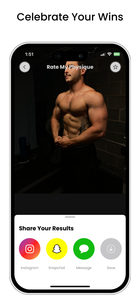 Rate My Physique - Interface of the Rate My Physique app displaying a share results menu with social media icons below a fitness progress photo.
