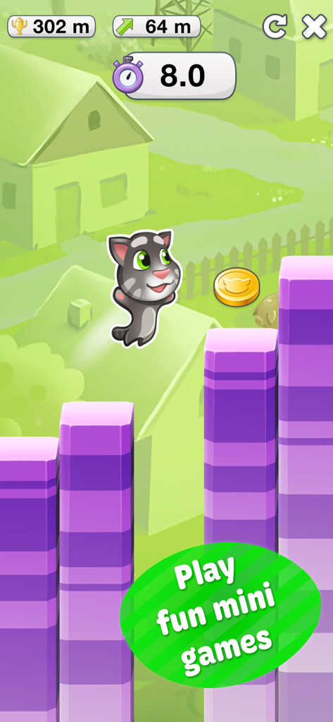 Mini-jeu de Talking Tom Cat 2 montrant Tom sautant sur des plateformes violettes pour collecter des pièces