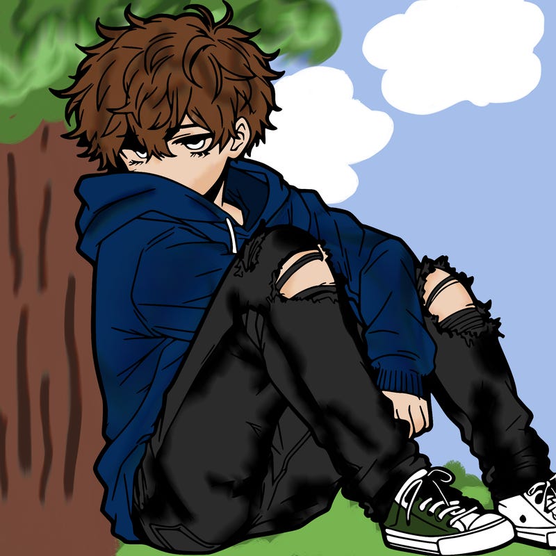 a male hoddie ripped jeans messy hair anime