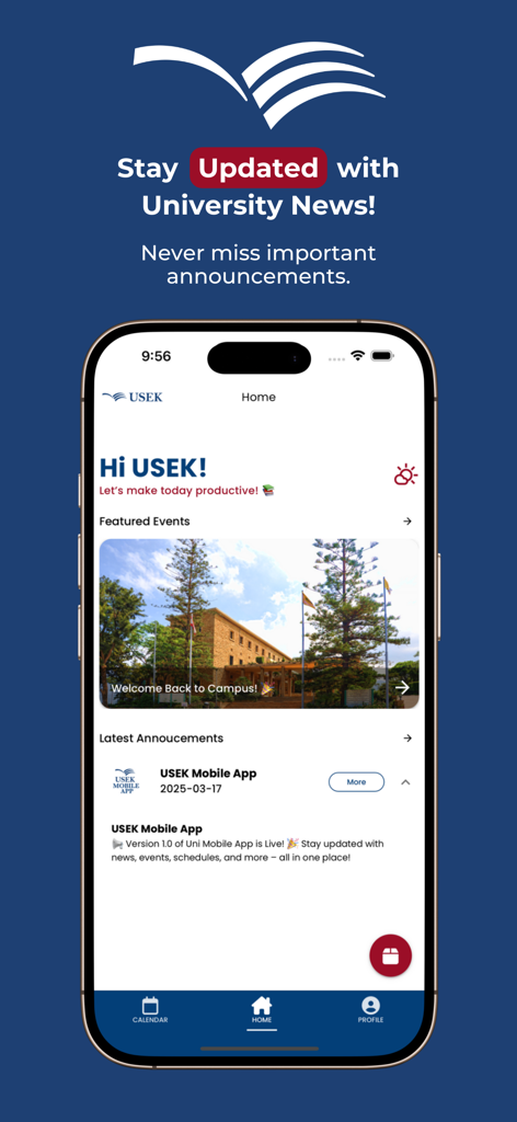 Tela inicial do aplicativo móvel USEK Oficial exibindo notícias da universidade e eventos em destaque